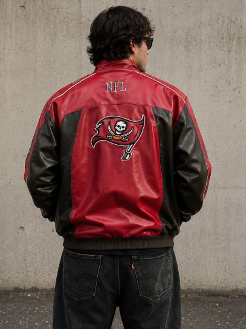 Vintage Large Adult Tampa Bay Buccaneers Faux Leather Jacket NFL Football Sports